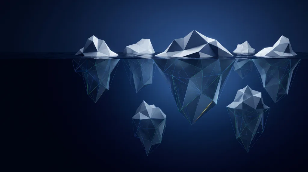 Faceted iceberg above a deep submerged lattice, for Enterprise security.